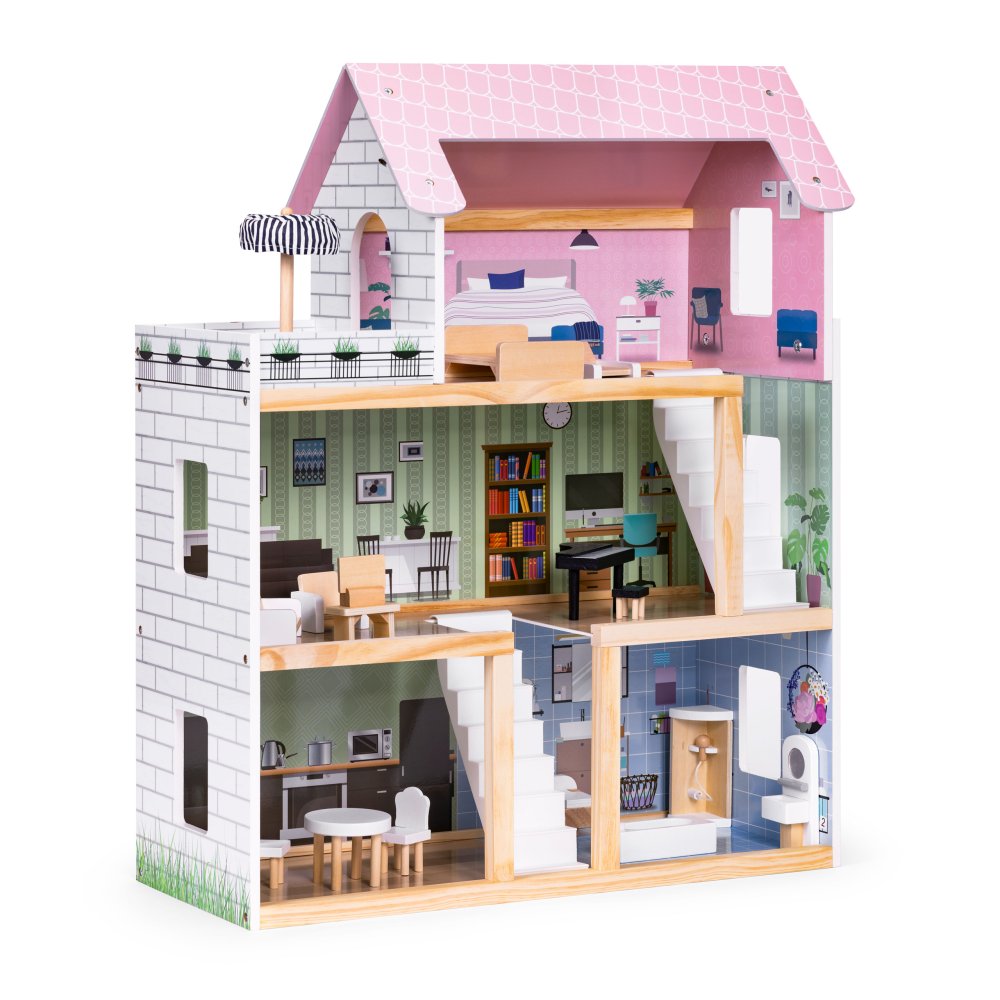 ECOTOYS 3-Story Wooden Dollhouse with Terrace and 15 Furniture Pieces (1)