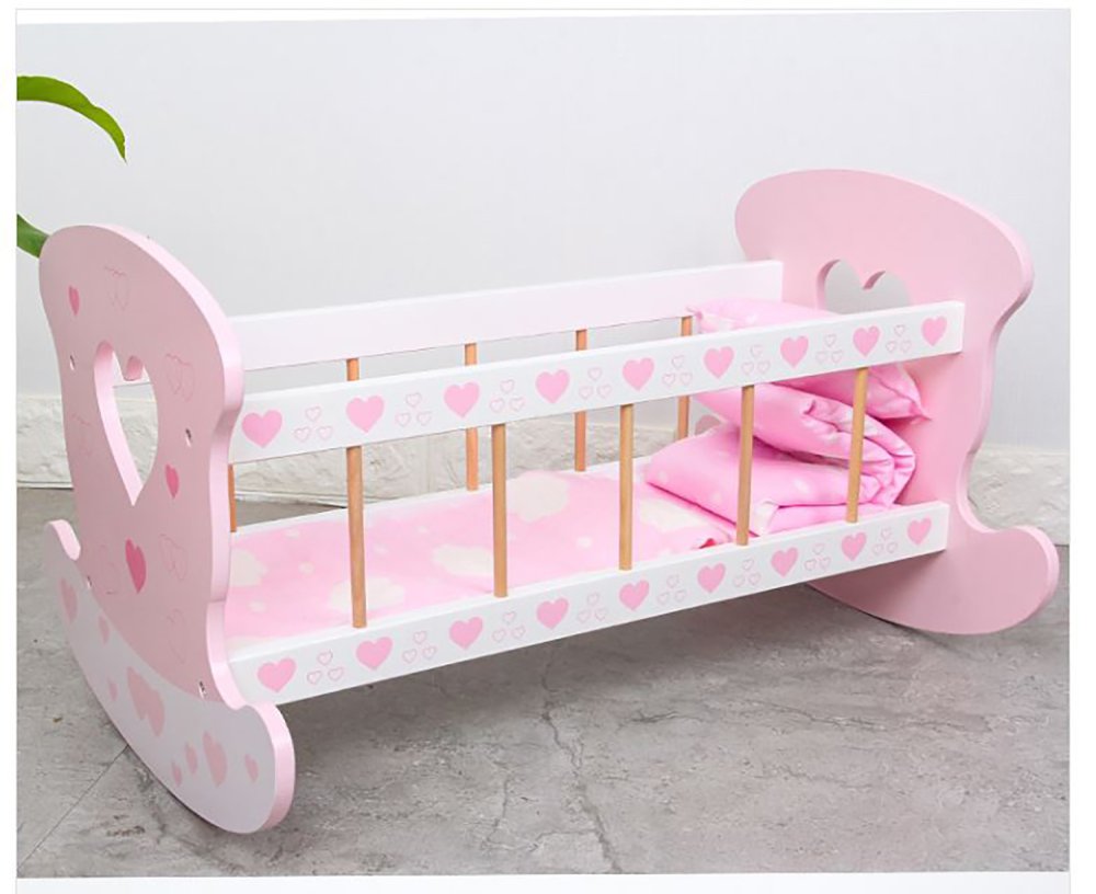 Toy Wooden Doll Bed Rocking Crib Cot Cradle + Accessories (1)