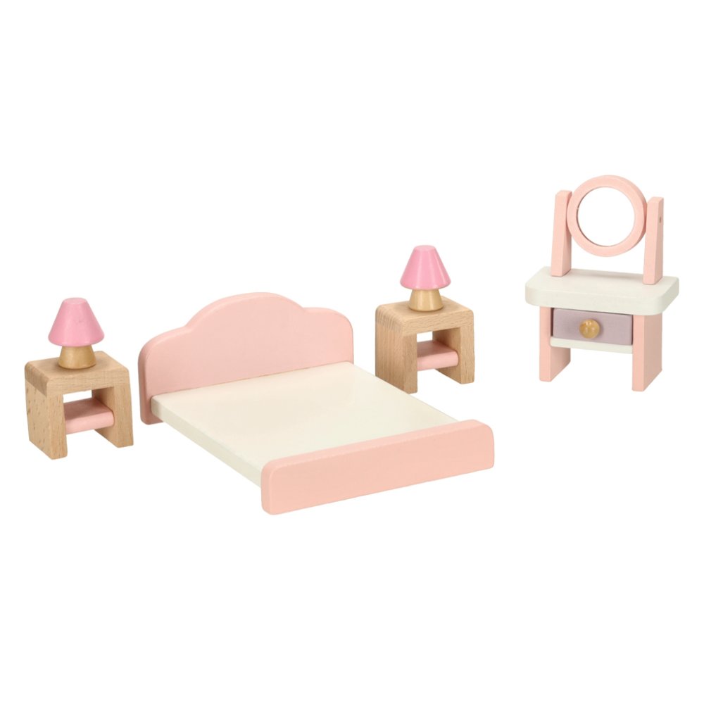 Wooden Dollhouse Furniture, 4-Room Set with 22 Accessories, Pink (2)