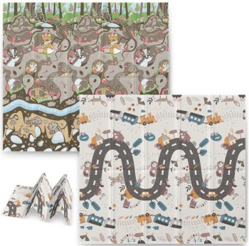 Nukido NK-340 Double-sided Foldable XPE Foam Play Mat Pad Rug for Kids, Earth-Train, 200x180cm