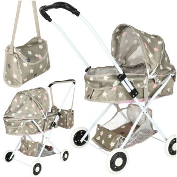 Deep doll pram carrycot with shoulder bag, beige-grey star pattern