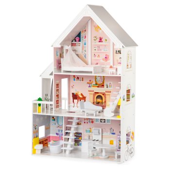 Wooden dollhouse with 3 floors, 15 furniture pieces, XXL, ECOTOYS, pink