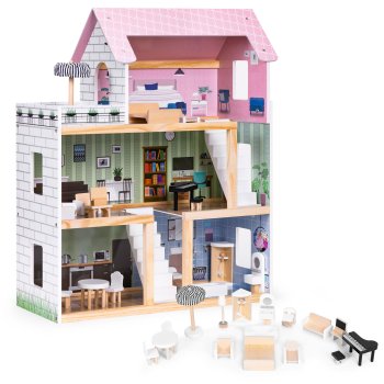 ECOTOYS 3-Story Wooden Dollhouse with Terrace and 15 Furniture Pieces