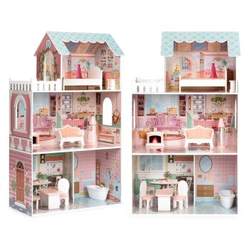 Large Wooden Dollhouse with Furniture ECOTOYS, 3 Levels 106 cm