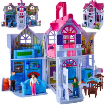 Foldable Dollhouse Playset Iso Trade 26689 with Furniture and Dolls