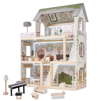 LULILO Wooden Play Dollhouse with Furniture and LED Lightning, 78cm