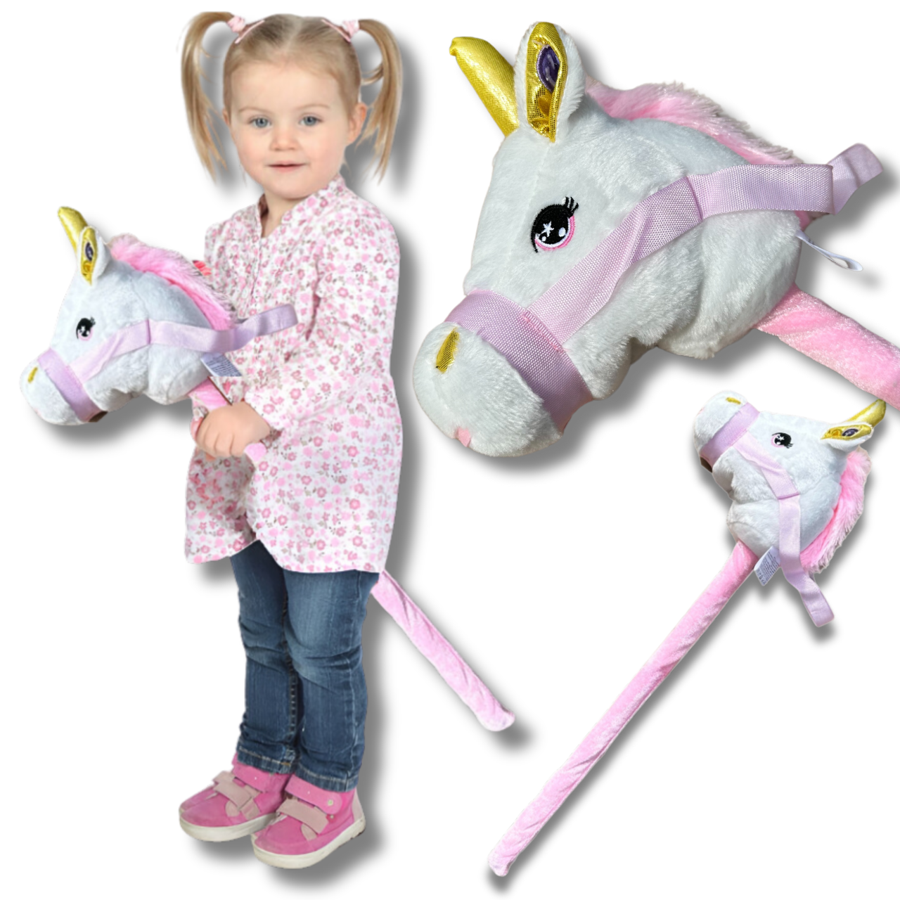 Plush Unicorn Hobby Horse on a Stick with Sound, White
