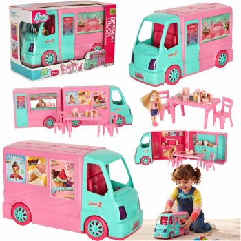 2-in-1 Doll Camper Van & Ice Cream Food Truck Playset with Doll, 21 pcs
