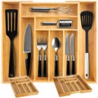Ruhhy Wooden Cutlery Storage Tray for Drawers, Bamboo Cutlery Organizer with 6 to 8 Compartments