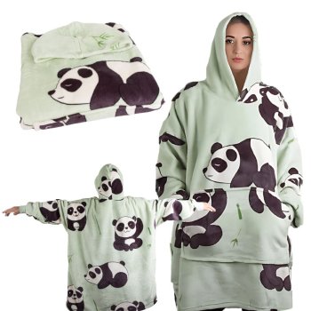 Oversized Panda Hoodie Blanket, Warm Wearable Sweatshirt with Hood, Green