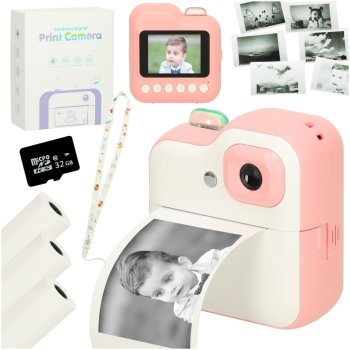 Kids Instant Camera with Thermal Printer, 32GB memory card, Pink