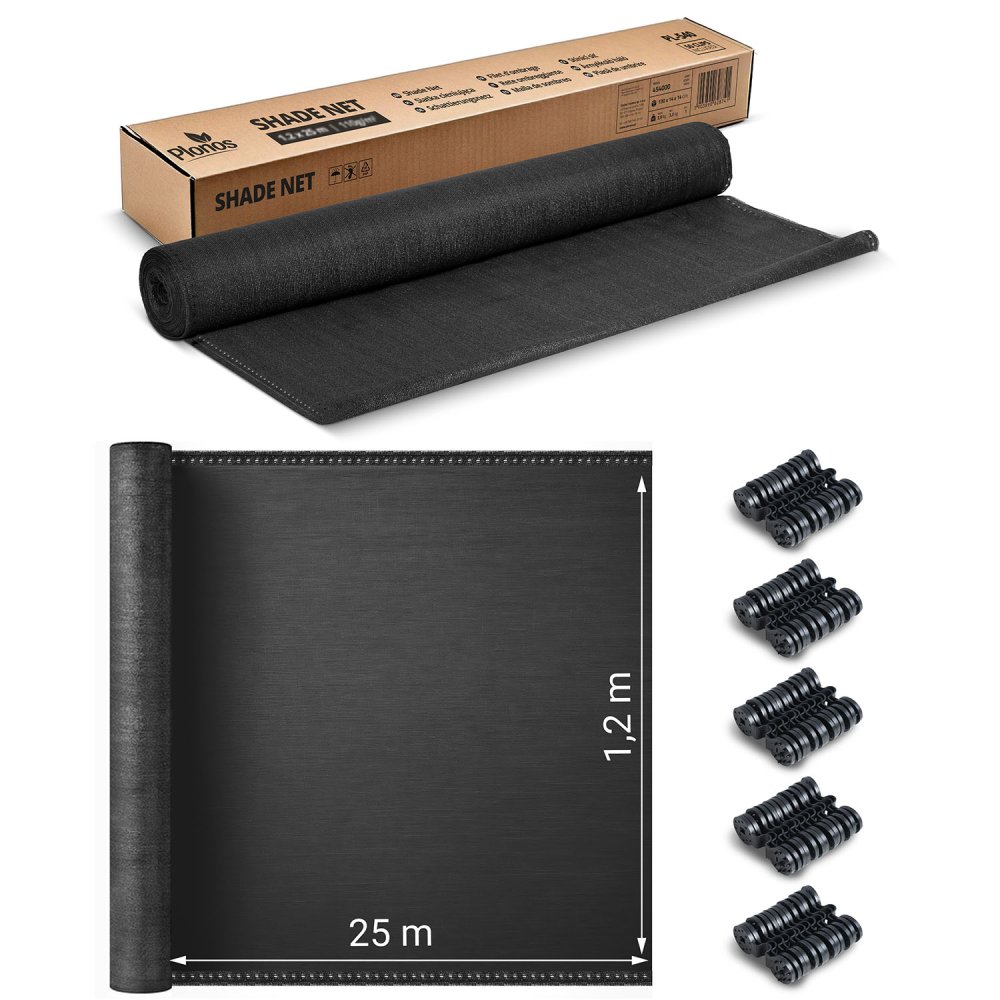 Plonos 1.2x25m 140g/m² Shade Net with 50 Clips, Grey (2)