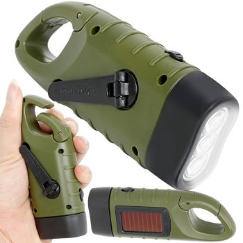 Hand Crank Solar Powered 3 LED Flashlight with Carabiner Clip, Green