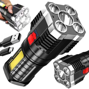 Rechargeable LED Searchlight Flashlight with COB Side Light, USB, black