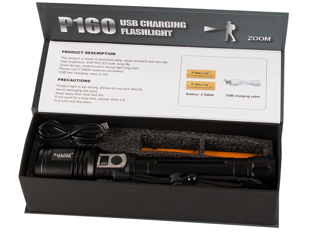 Bailong Tactical Military Flashlight CREE XHP160 with Zoom & Power Bank, P221 (0)