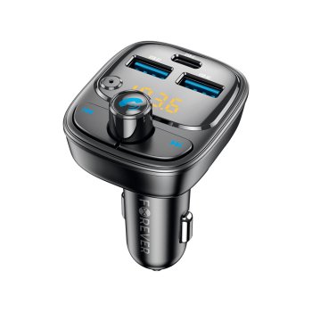 Bluetooth FM Transmitter Forever TR-370 with 30W PD USB-C Car Charger, 2x USB-A, black