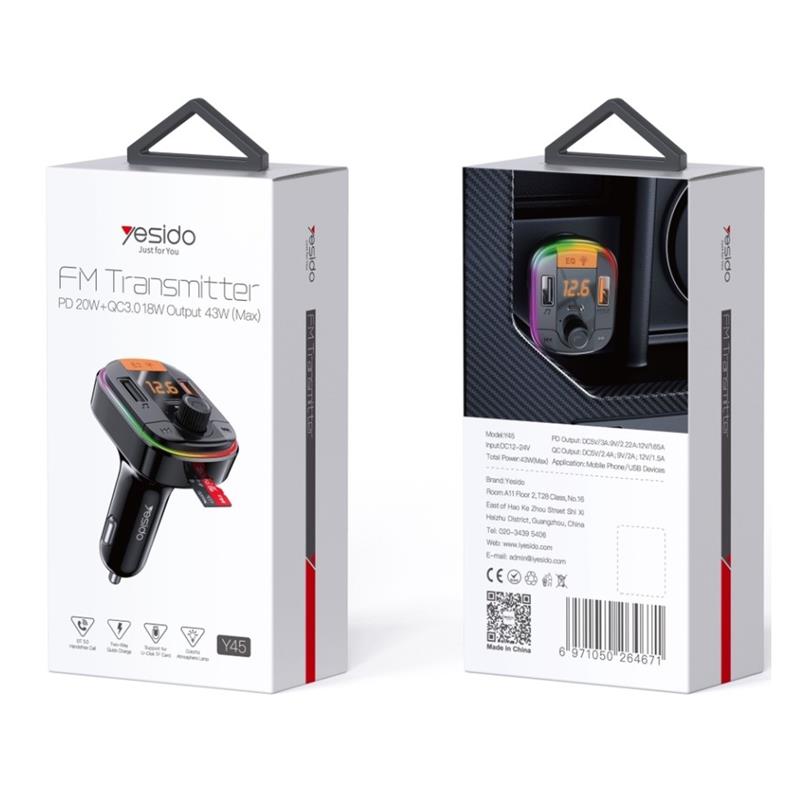 Bluetooth FM Transmitter Yesido Y45 43W Fast Car Charger Adapter 2xUSB-A USB-C MicroSD, Black (0)