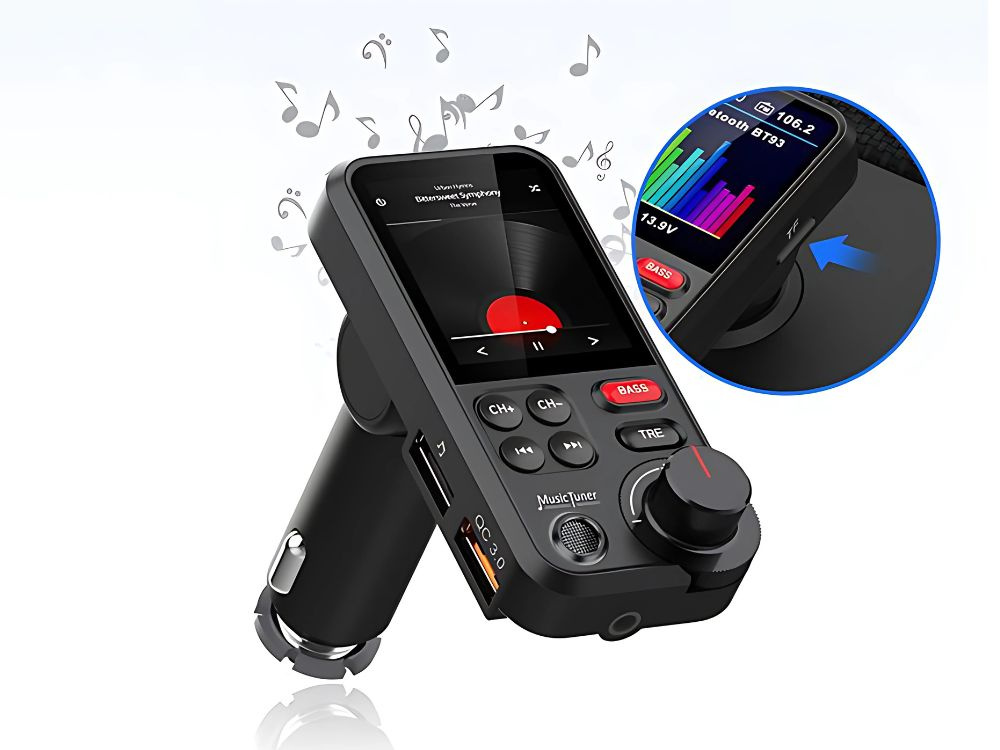 Bluetooth transmitter 5.0 fm speakerphone USB qc tf bass LCD 12-24v (2)