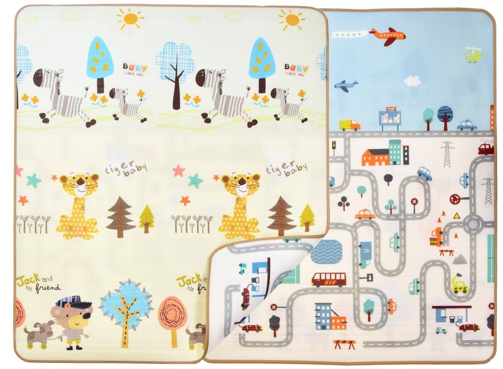Large double-sided foldable kids foam play mat 150 x 180 cm, tiger and city (2)