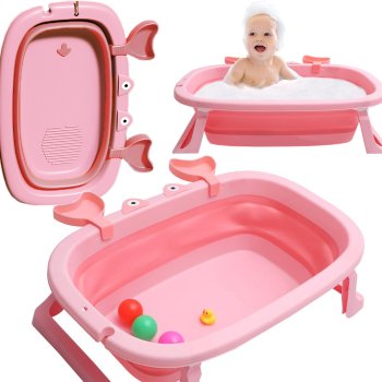 Large Foldable Baby Bathtub Collapsible Travel Bath, Silicone, Pink