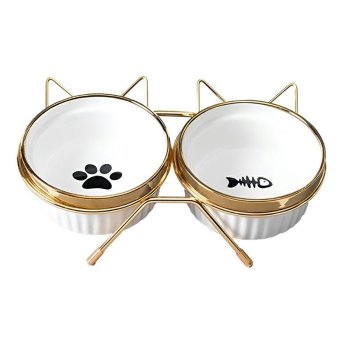 Ceramic pet bowls with stand for cats and dogs 2x300ml, white and gold