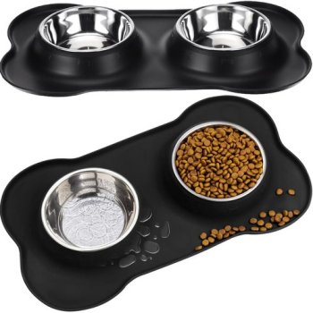 Double Pet Bowls with Non-Slip Silicone Mat, 2 x 450ml