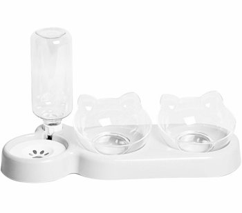 Double Bowl with a Water Container-Dispenser for Dogs Cats Pets, White