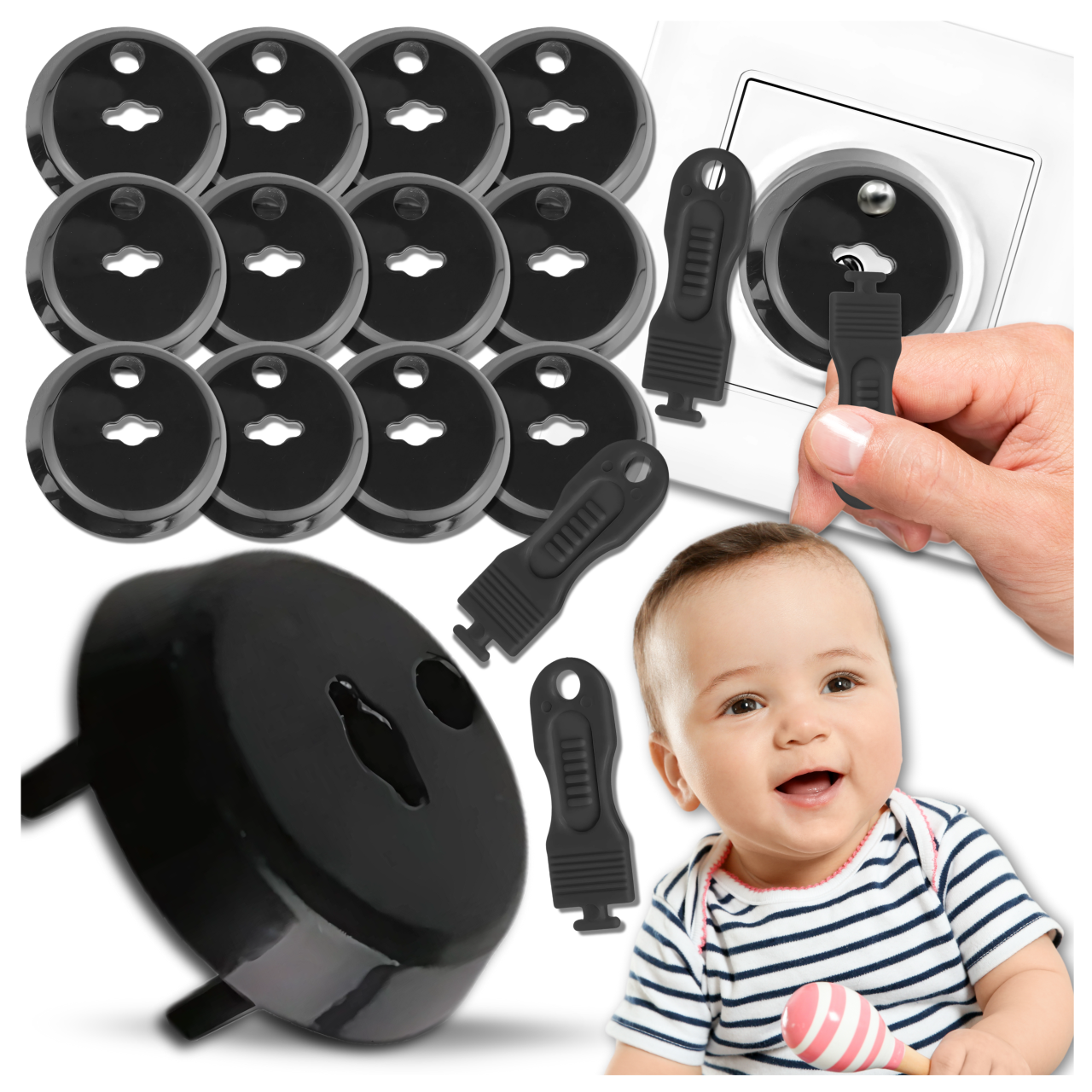 12x Child Safety Socket Covers with Ground Pin and Keys, Nicekids, Black