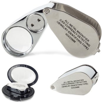 Folding 40x Jeweler's Loupe Magnifier with LED and UV Light, Silver