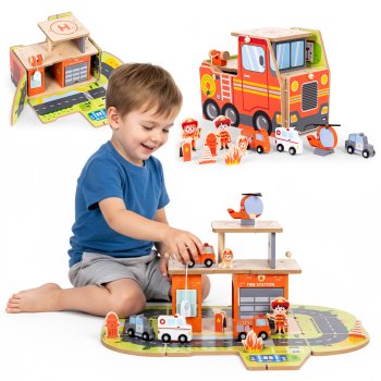 ECOTOYS 2-in-1 Wooden Fire Station Playset with Fire Truck, Figures and Vehicles