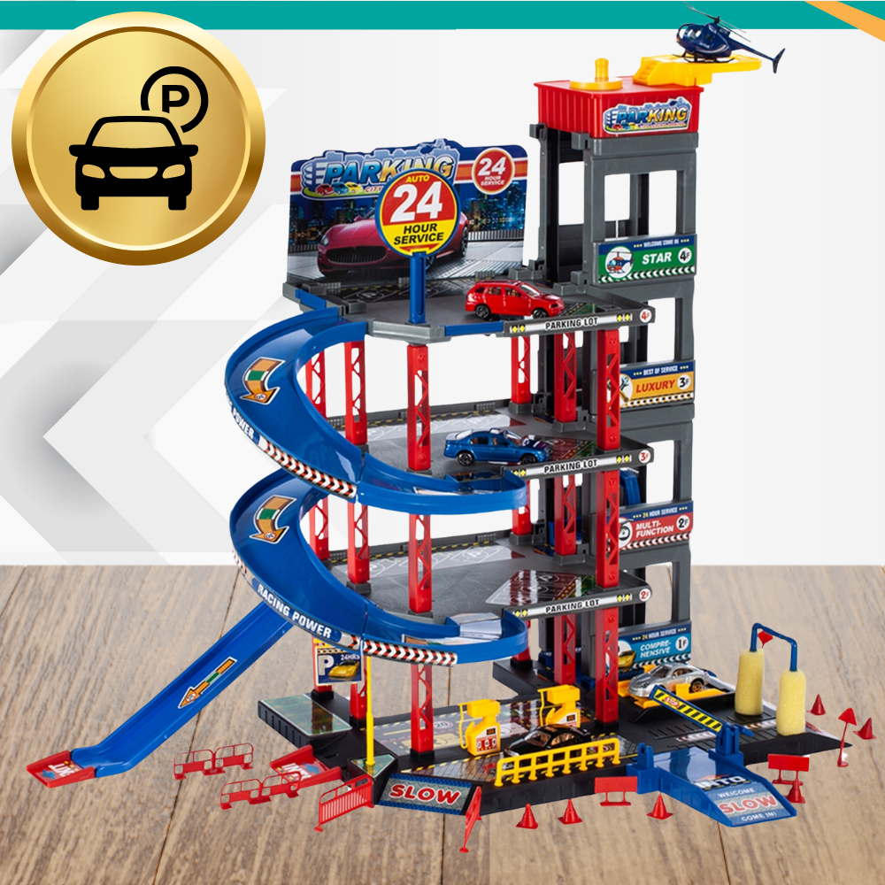 Multi-Level Toy Car Garage Playset with Elevator, 4 Cars, and Helicopter (0)