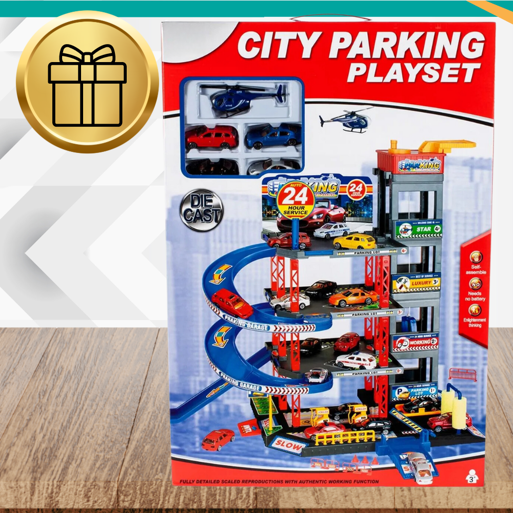 Multi-Level Toy Car Garage Playset with Elevator, 4 Cars, and Helicopter (1)