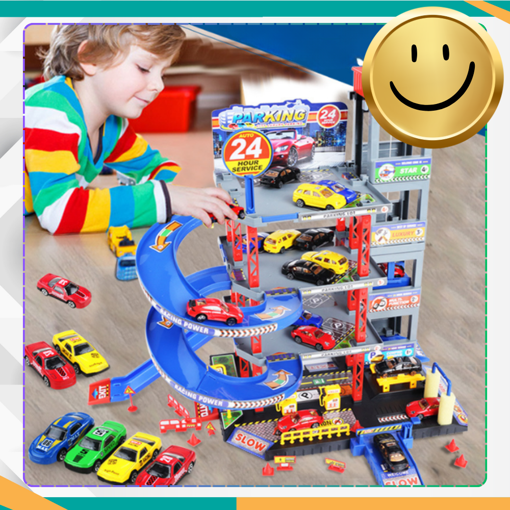 Multi-Level Toy Car Garage Playset with Elevator, 4 Cars, and Helicopter (3)