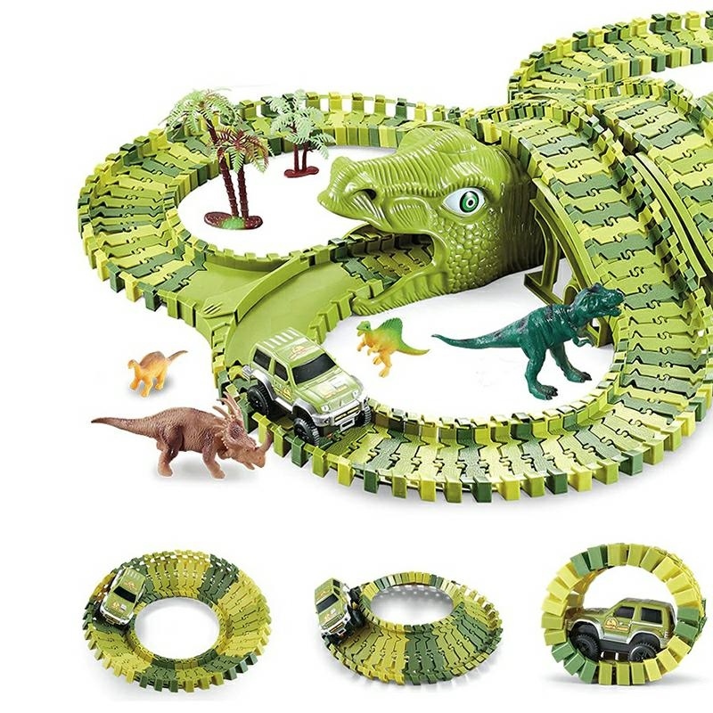 Dinosaur Race Track Toy for Kids 240 Pcs Flexible Car Track Playset with Dino Figures (0)