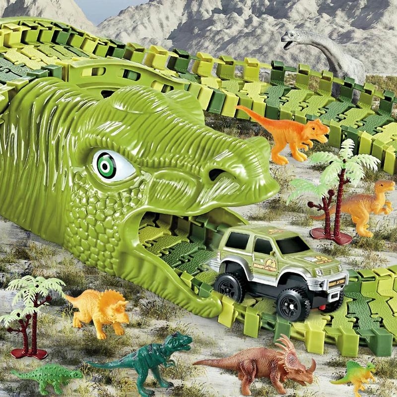 Dinosaur Race Track Toy for Kids 240 Pcs Flexible Car Track Playset with Dino Figures (1)
