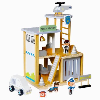 Kids Wooden Police Station Playset with Helicopter and Car Toy