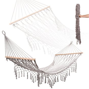Boho Garden Mesh Hammock with Fringe Tassels 200cm, Grey