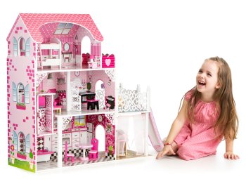 Wooden Dollhouse XXL with Elevator and Slide, 16 Furniture Pieces, ECOTOYS