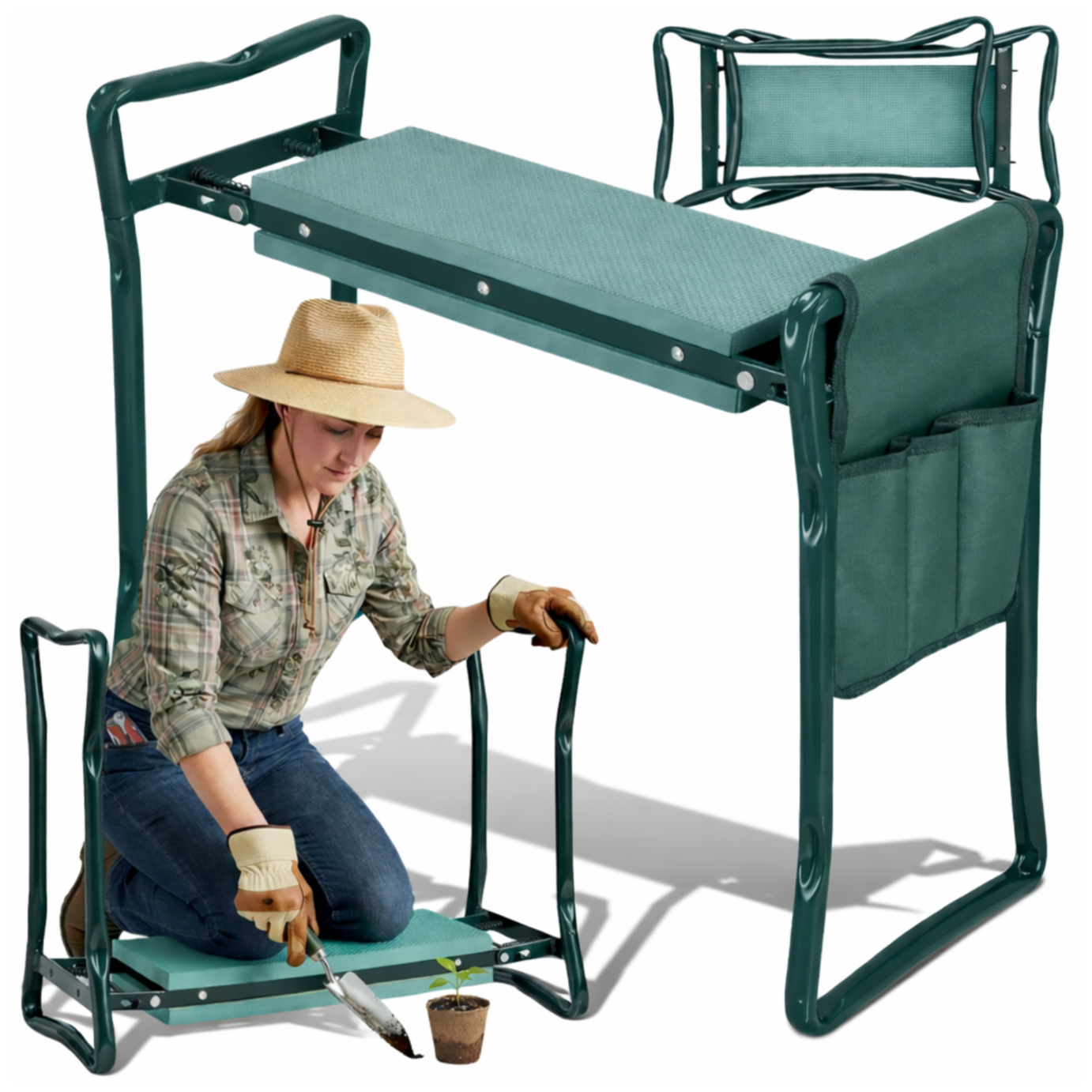 Folding Garden Kneeler and Seat 3-in-1 Stool with Tool Pouch, Green