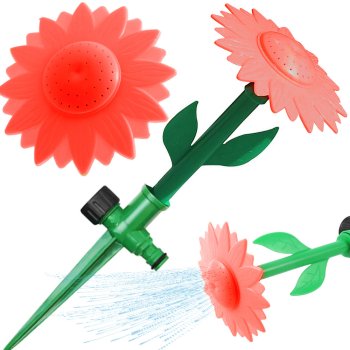 Garden sprinkler with sunflower head, ground spike, red/green