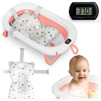 Foldable Baby Bath Tub with Thermometer & Newborn Insert Ricokids RK-287, white-pink