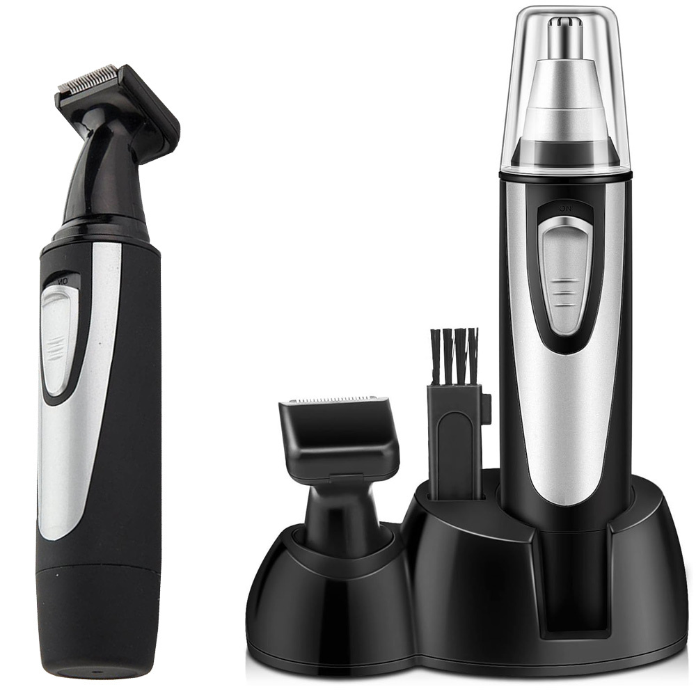 2-in-1 Nose, Ear, and Beard Trimmer Grooming Kit, Silver & Black
