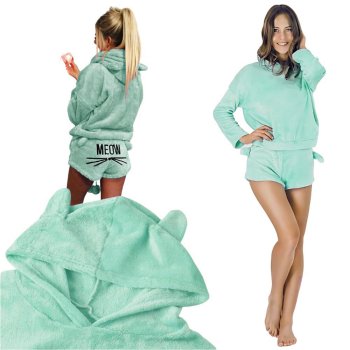 Soft Cotton Women's Hooded Pajama Set with Shorts XL, Blue