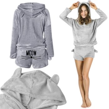 Warm Plush Hooded Pyjama Set for Women with Shorts, Size L, Grey