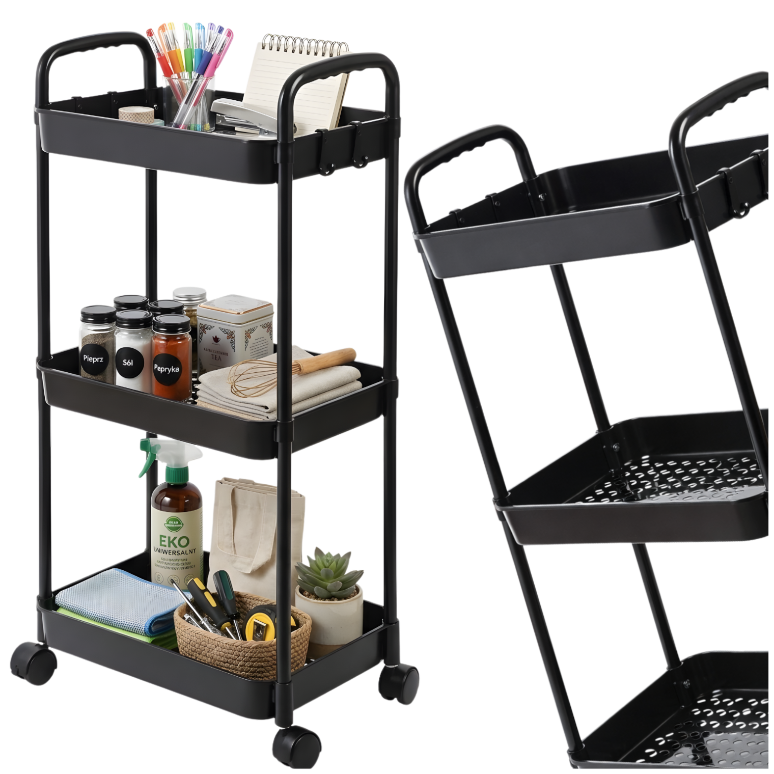 3-Tier Rolling Storage Cart on Wheels Mobile Utility Trolley, Black