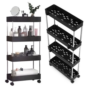 ModernHome 4-Tier Slim Bathroom Storage Cart with Wheels, Black