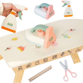 Kids Wooden Ironing Board Playset with Toy Iron and Accessories