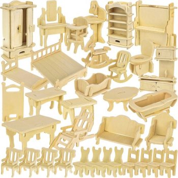 Wooden Dollhouse Furniture Set 34 pcs DIY Miniature Kit 23542