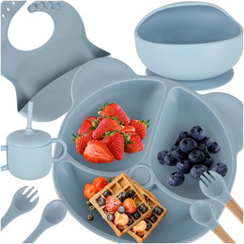 8-Piece Silicone Baby Feeding Set with Suction Plate & Bowl, Mint
