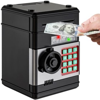 Piggy Bank Toy Box for Money with Fingerprint and Password, Black-Silver